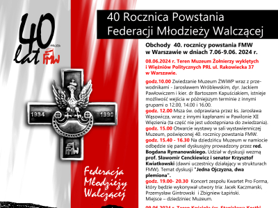Zapraszamy na obchody 40. rocznicy powstania Federacji Młodzieży Walczącej, Warszawa, od piątku 7 czerwca do niedzieli 9 czerwca – ul. Rakowiecka 37