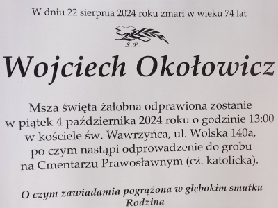22 sierpnia w wieku 74 lat zmarł Wojciech Okołowicz