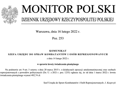 Rewaloryzacja kwoty świadczenia pieniężnego dla DOA. Od 1 marca 492,74 zł miesięcznie.