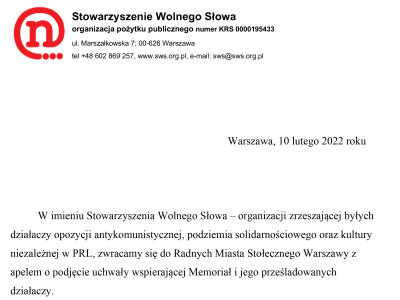 Apel Stowarzyszenia Wolnego Słowa do Rady Warszawy o wsparcie Memoriału 1