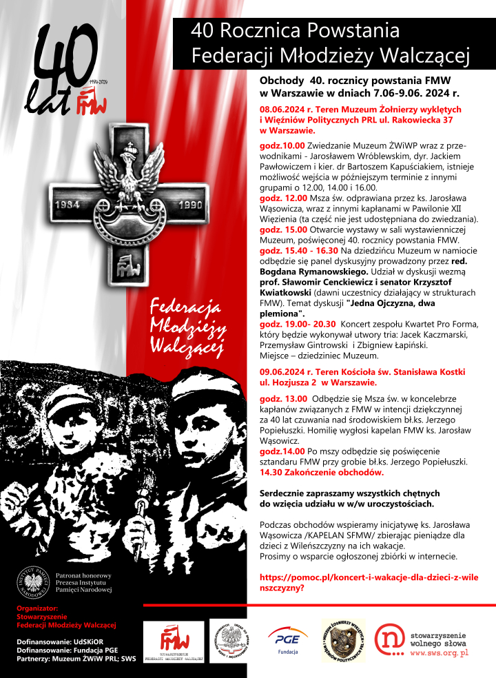 Zapraszamy na obchody 40. rocznicy powstania Federacji Młodzieży Walczącej, Warszawa, od piątku 7 czerwca do niedzieli 9 czerwca – ul. Rakowiecka 37