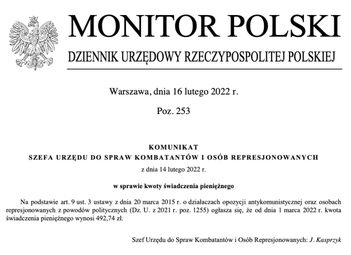 Rewaloryzacja kwoty świadczenia pieniężnego dla DOA. Od 1 marca 492,74 zł miesięcznie.