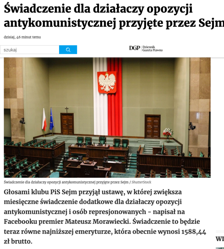 Świadczenie dla działaczy opozycji antykomunistycznej przyjęte przez Sejm 