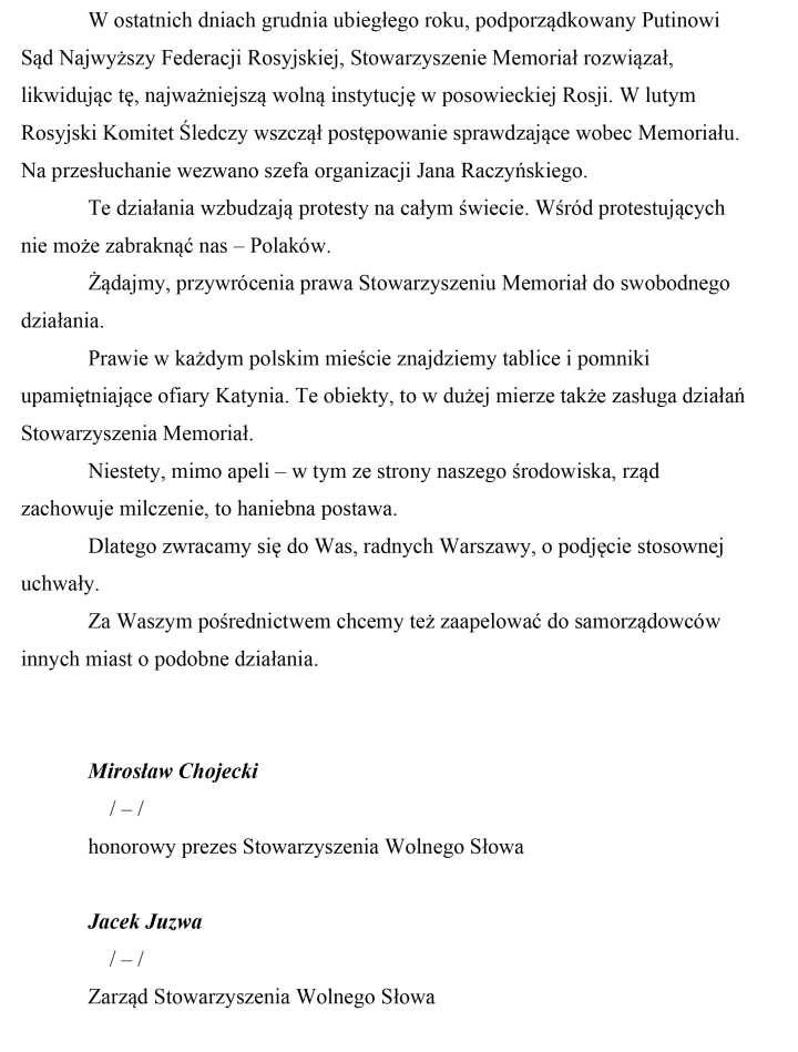 Apel Stowarzyszenia Wolnego Słowa do Rady Warszawy o wsparcie Memoriału 1