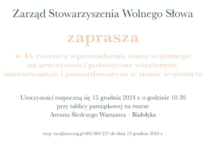 ZAPROSZENIE – Obchody 43. rocznicy wprowadzenia stanu wojennego, niedziela 15 grudnia.  O 10:30 – złożymy wieńce pod bramą Aresztu Śledczego Warszawa-Białołęka | O 17:00 spotkamy się „po latach” na Marszałkowskiej 7